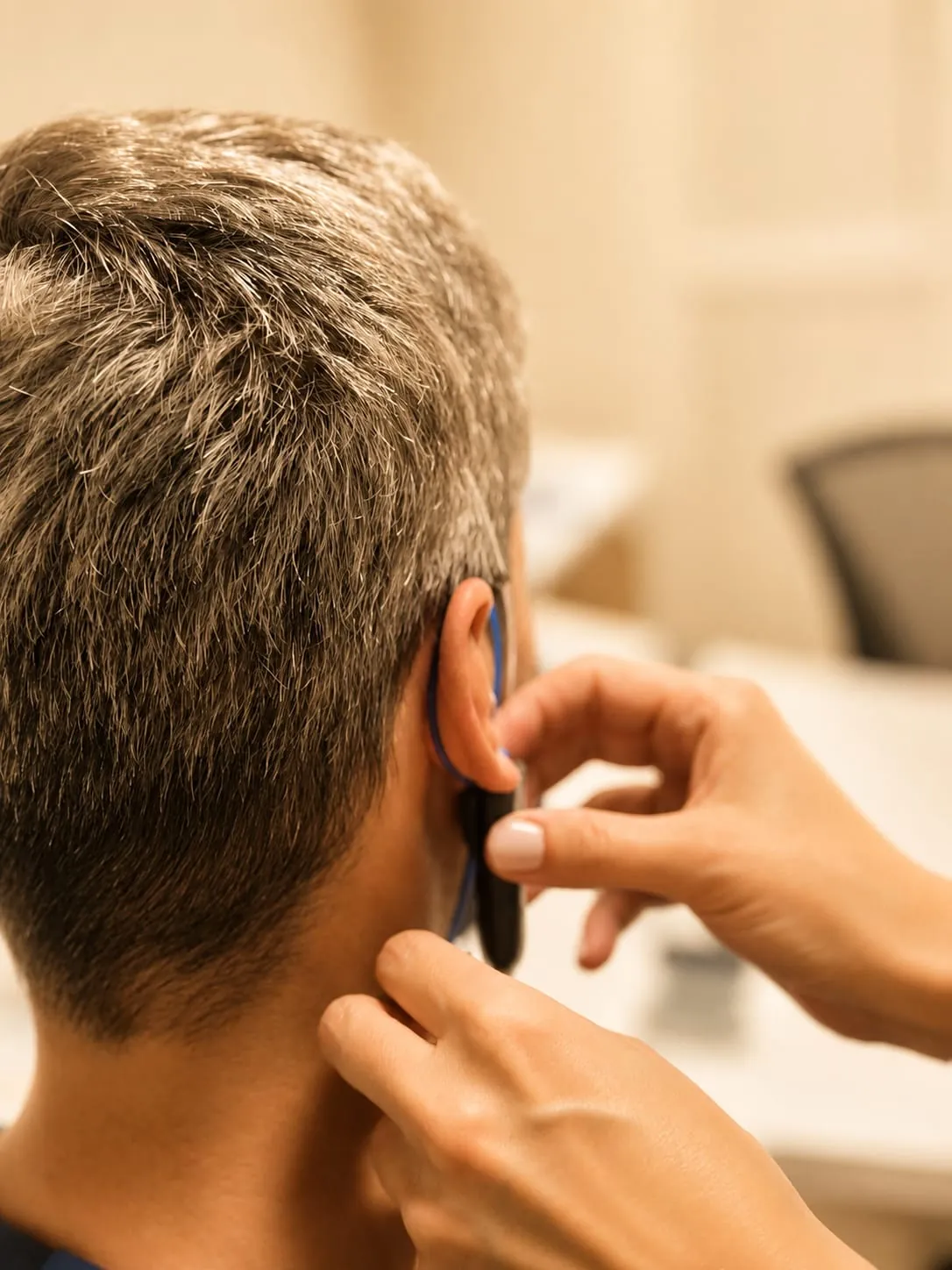 Les mains d’une audioprothésiste posant délicatement une aide auditive derrière l’oreille.